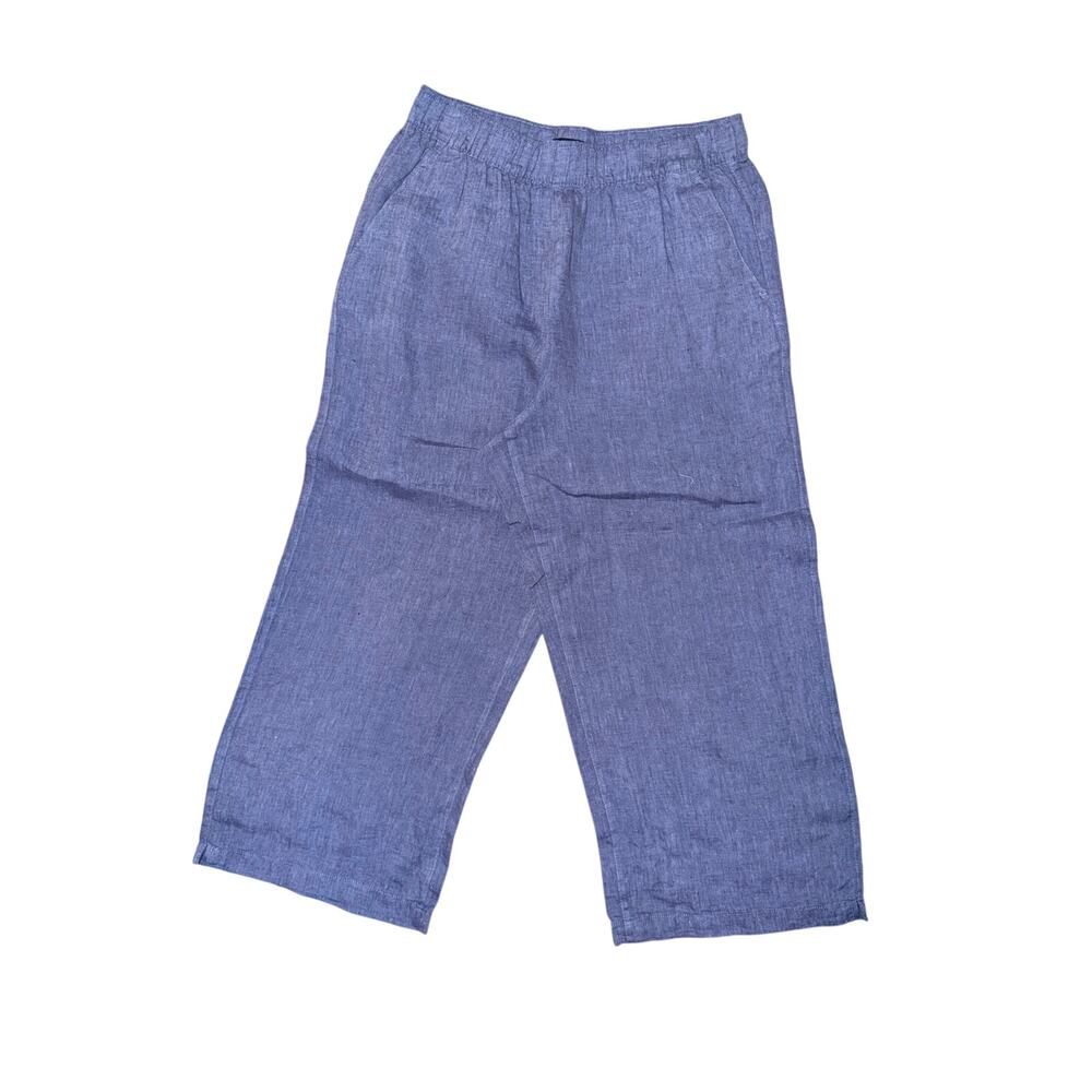 Tahari dusty blue 100% linen pull on cropped pants large wide leg coastal resort